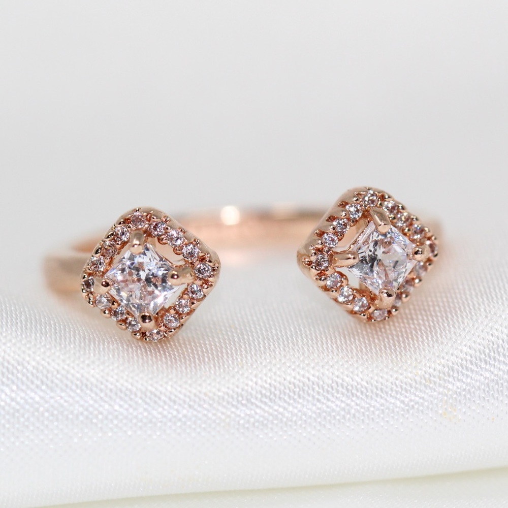PANDORA 14K Rose Gold Square Sparkle Open Ring - size 5.5 - Picture 1 of 7